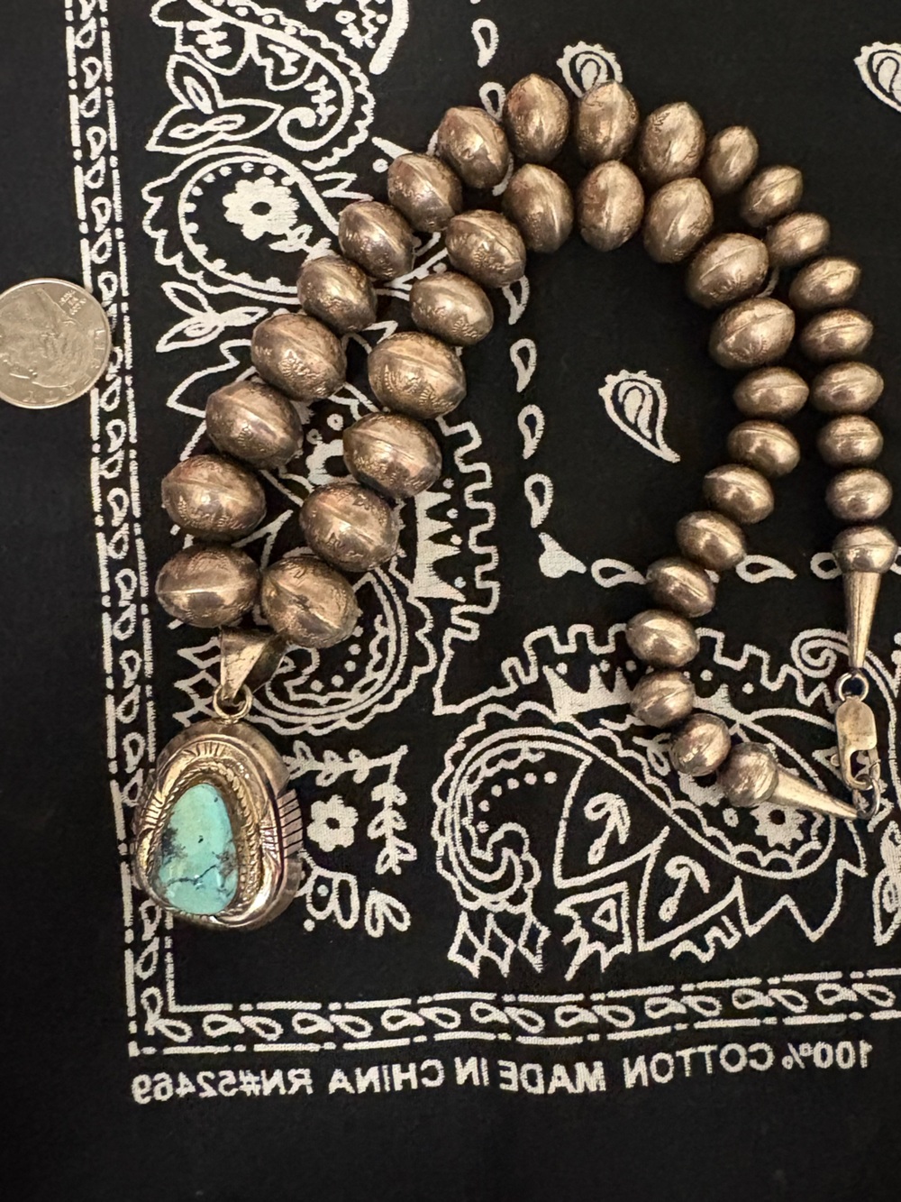 Sterling Navajo Pearls Necklace with Turquoise Pendant - Silver and Turquoise